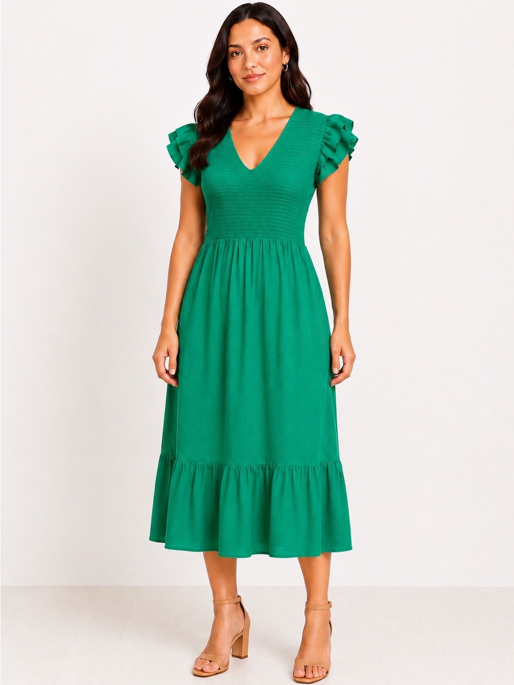Nanette Lepore Smocked Midi Dress Flutter Sleeve Ruffle Hem Green 12 NWT - Picture 2 of 16